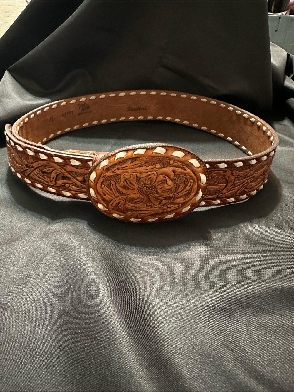 Vintage Tony Lama Hand-Tooled Brown Floral Leather Belt with Oval Buckle